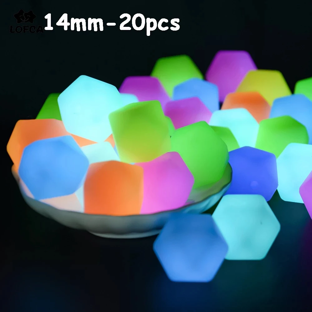 20pcs 14mm Mini Hexagon Silicone Beads Glow In The Dark BPA Free Loose Marking DIY Chewable Colorful For Kids