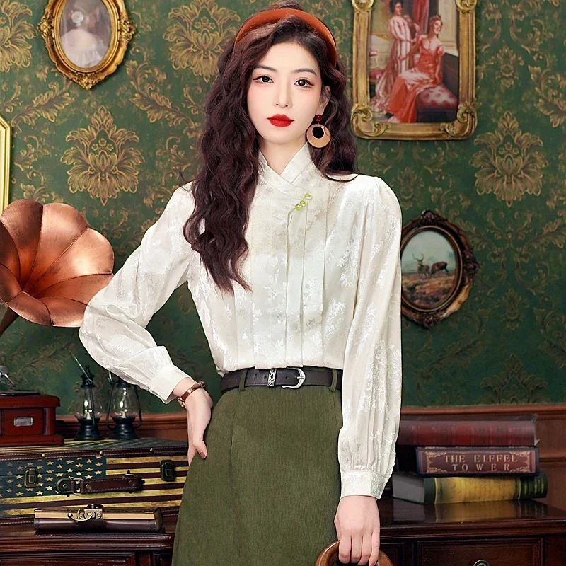 

YCMYUNYAN-Satin Shirts for Women, Vintage Silk Prints Blouses, Floral Clothing, Loose Long Sleeve Tops, Spring and Summer