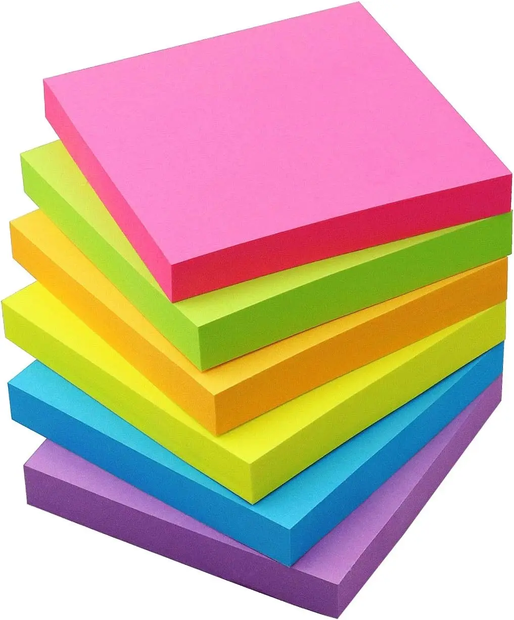 Sticky Notes 3x3 in (6 Pads) Bright Colored Super Self Sticky Pads - 100 Sheets/Pad - Easy to Post for School, Office Supplies