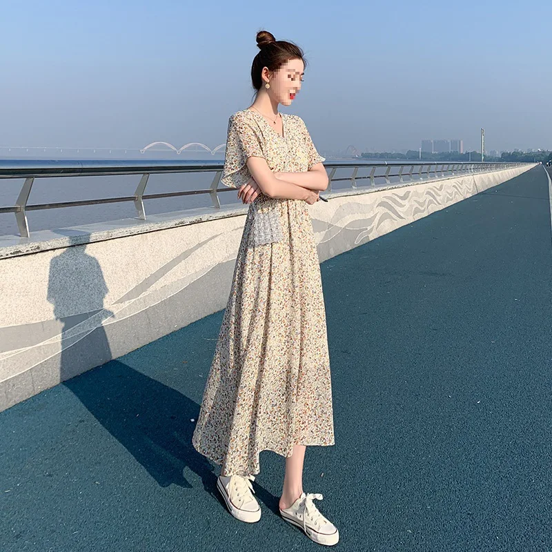 أنيقة الخامس الرقبة فستان طويل التخسيس الأزهار طبا...