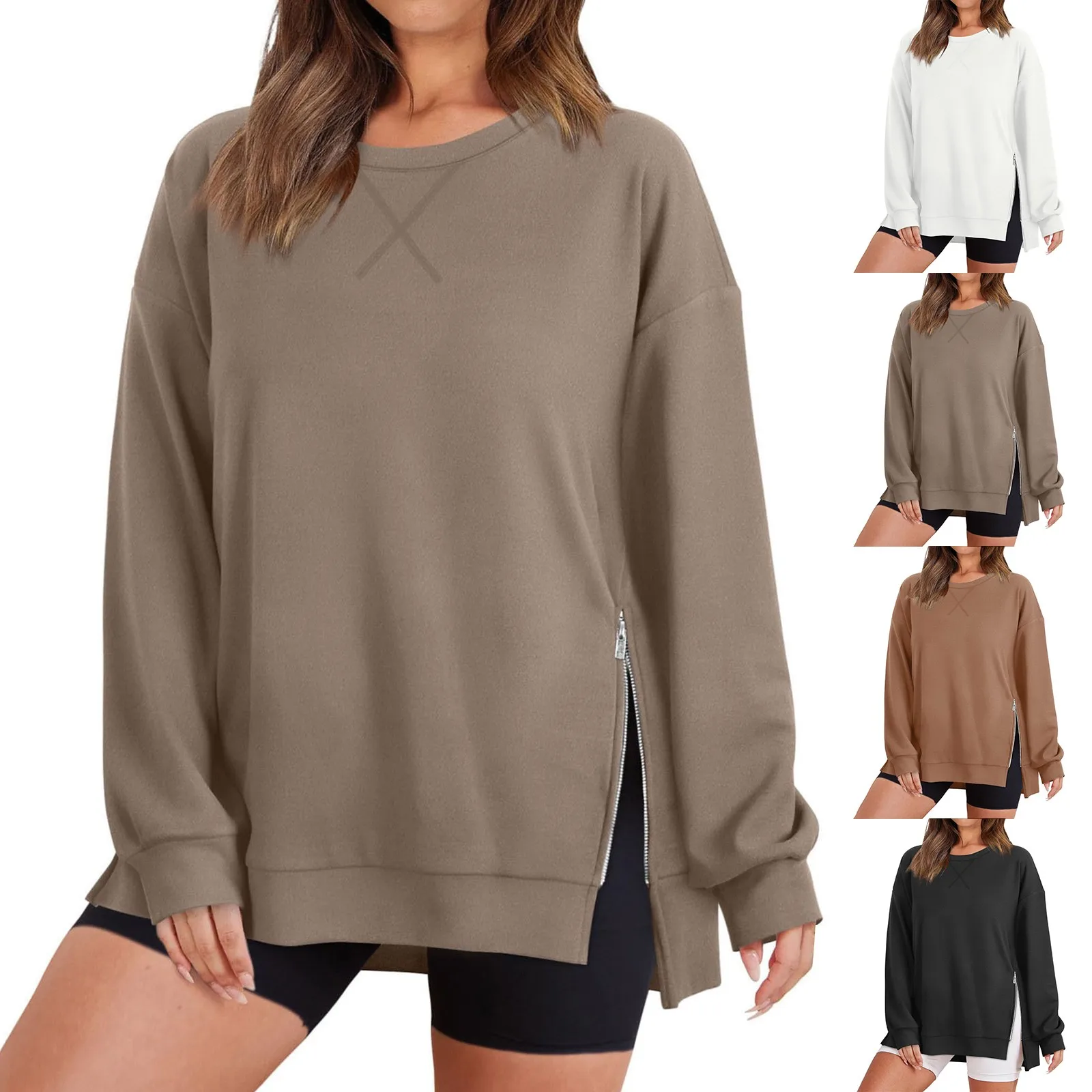 

Women's Crew Neck Sweatshirt Loose Fit Oversized Pullover Side Slit Zipper Fall Fashion Winged Long Sleeve