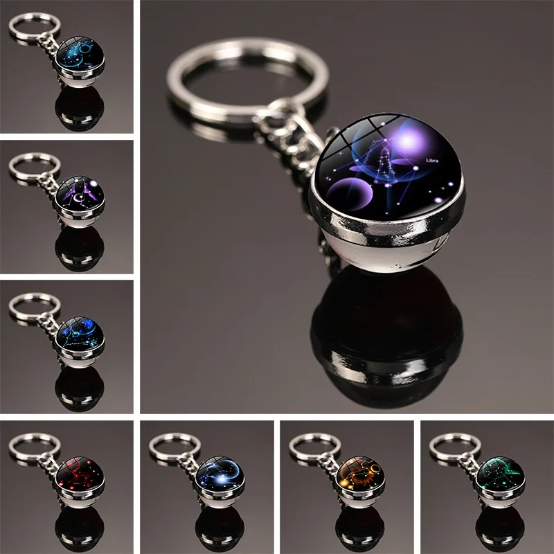 Glass Ball Metal Keychain Time Gemstone Double Sided Constellations Decoration