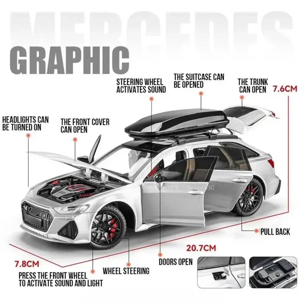 1:24 AUDI RS6 Alloy Miniature Car Model Toy Travel Edition Metal Diecast Vehicle 6 Doors Opened Sound Light Boys Christmas Gifts 2