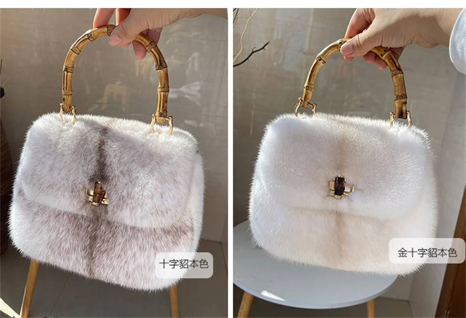 Premium-Qualität Natürliche Nerz-Damenhandtasche Modische Neue Damen-Bambus-Umhängetasche Trendige Flauschige Fell-Handtasche – Detail 12