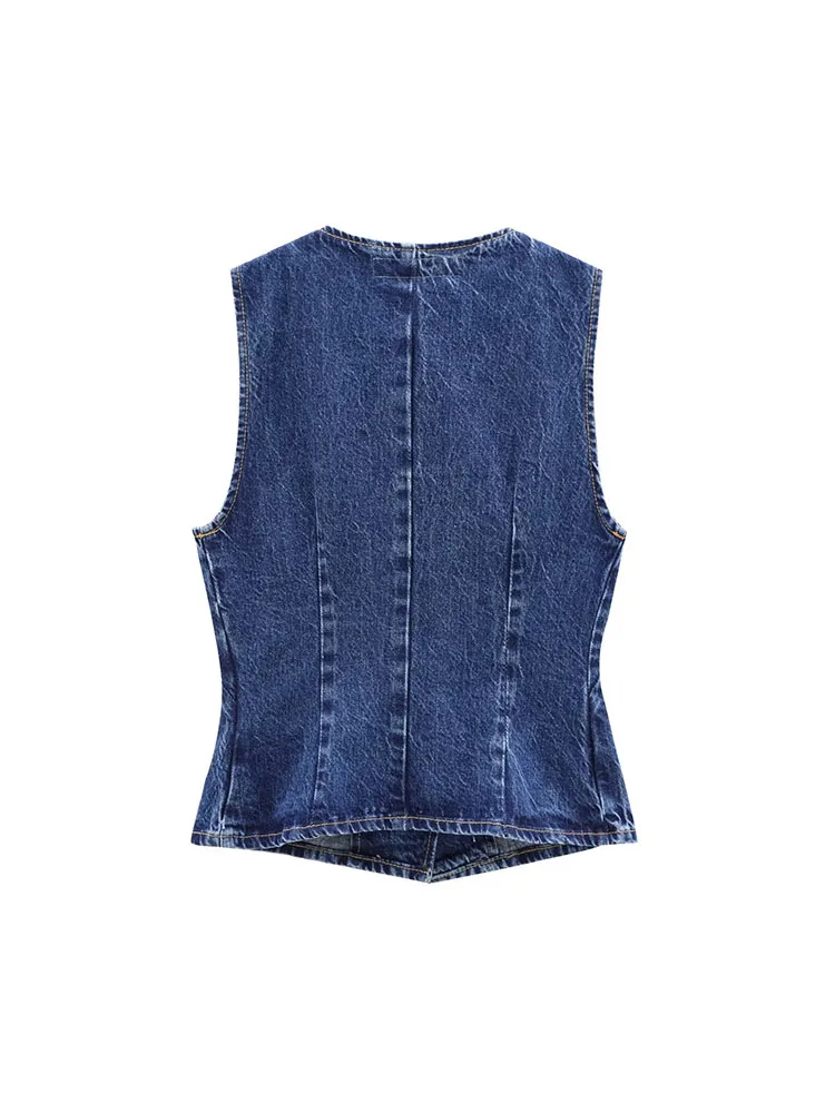 2024 Autumn and Winter New Arrivals Casual All-match Round Neck Sleeveless Blue Slim Waist Denim Vest 2