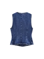 2024 Autumn and Winter New Arrivals Casual All-match Round Neck Sleeveless Blue Slim Waist Denim Vest 2