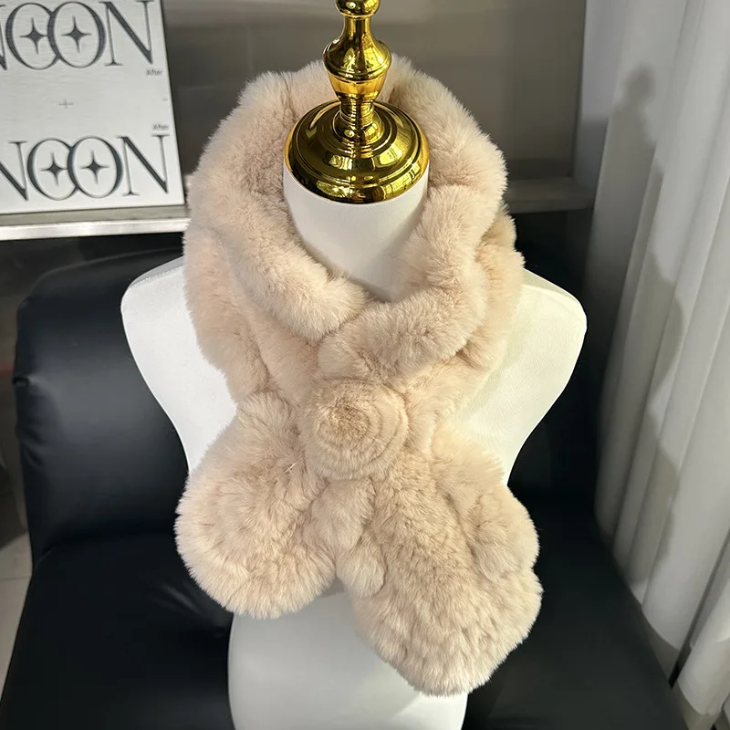 Doppelseitig gestrickter echter Rex-Kaninchenfell-Schal für Damen, handgefertigt, gerüscht, für den Winter, warm, modisch, flauschiger Wickel – Detail 1