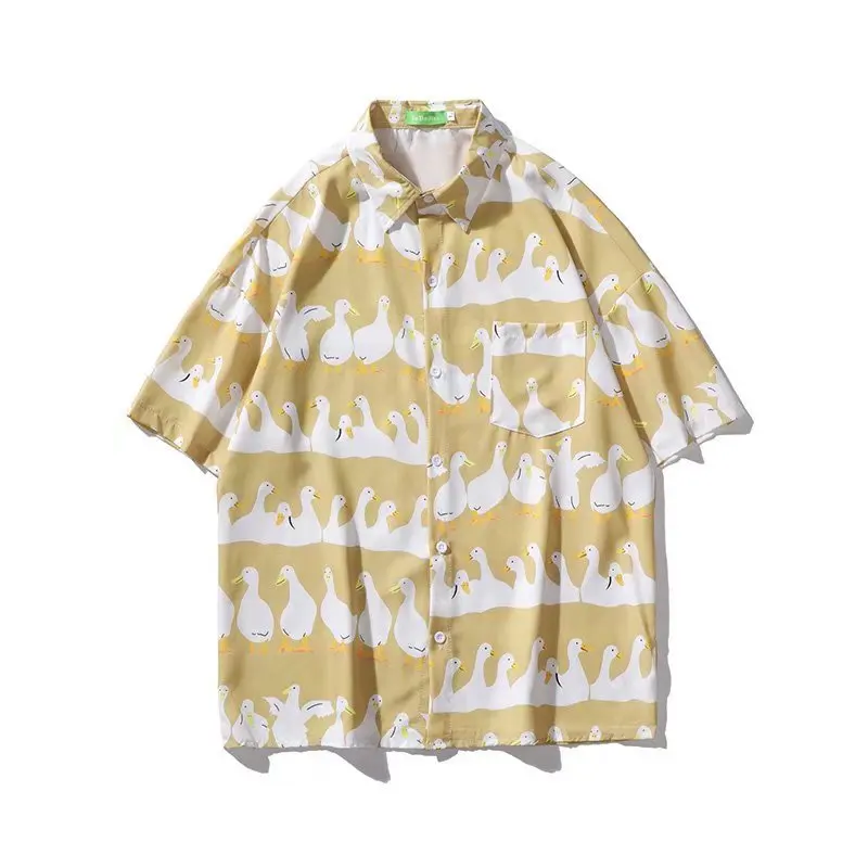 Mens Harajuku Beach Hawaiian Shirt Little White Goose Print Short Sleeve Shirts Hip Hop Streetwear Summer Blouse Tops Mens Suit