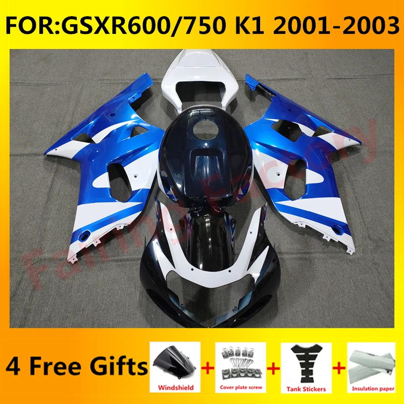 

Новый комплект обтекателей для мотоцикла ABS Подходит для GSXR600 750 GSXR 600 Φ K1 2003 2001 2002 полный комплект обтекателей синий белый