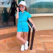 Summer Ins New Girls Solid Lovely Turn-Down Collar Zipper Short Sleeve A Tunic Jumpsuit Casual Kids Clothes Age 3T-8T