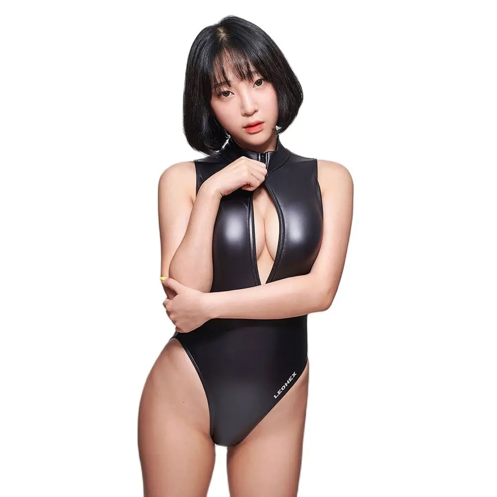 LEOHEX Women's Sleeveless Bodysuit Sexy Matte Front Zipper Leotards High Cut One Piece Swimwear Japanese Style Bathing Suits