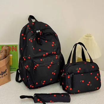 3Pcs/Set Oxford Cloth Cherry Backpack Large Capacity Adjustable School Bag Preppy Style with Lunch Bag & Pencil Case 1