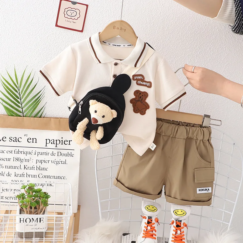 

2023 Summer Baby Clothes Boy 12 to 18 Months Cartoon Turn-down Collar Short Sleeve T-shirts and Shorts 2PCS Kids Infant Outfits