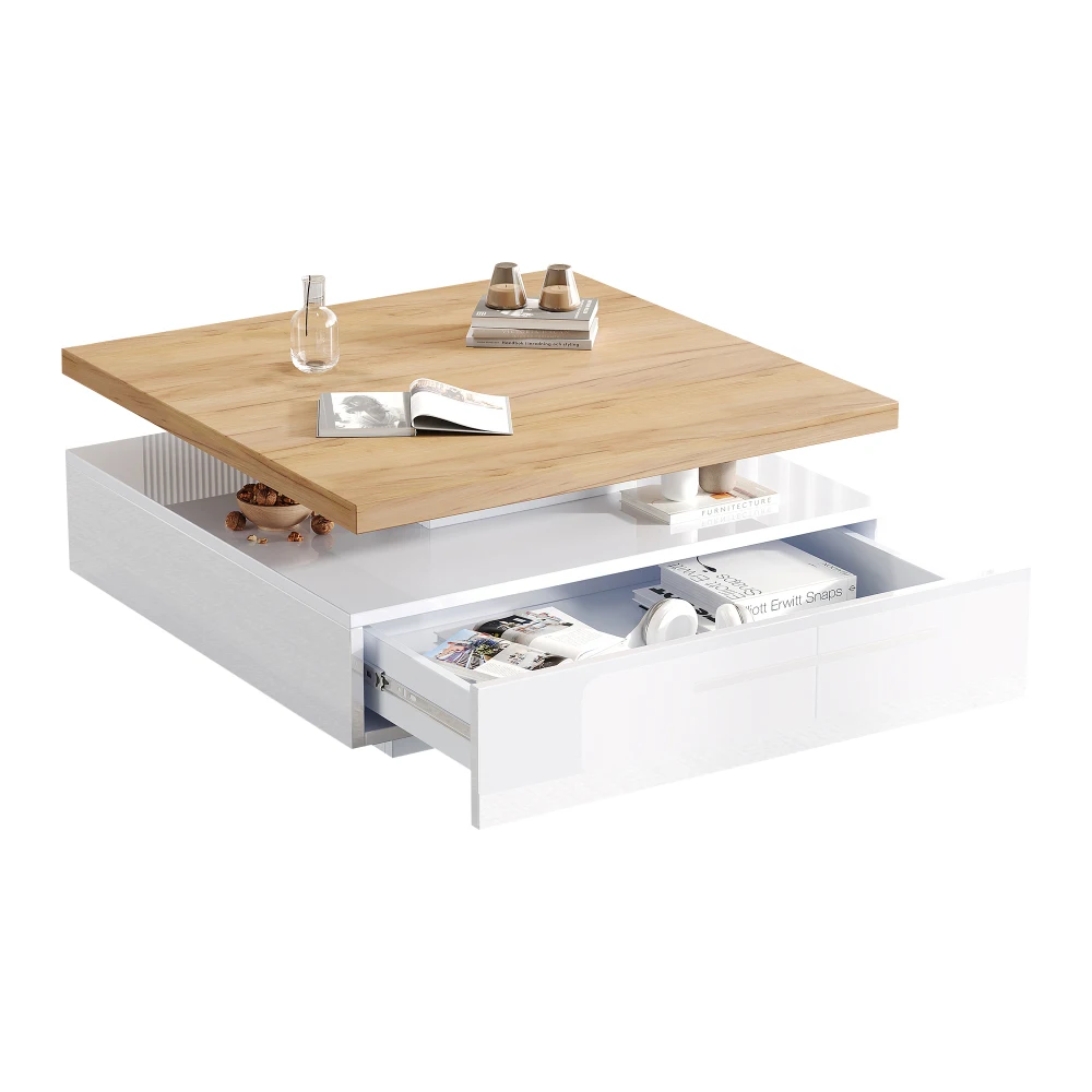 Multifunktionales Quadrat 360° ° Drehbarer Couchtisch, Hochglänzender 2-stufiger Mitteldrehtisch, Aufbewahrungsschrank, Beistelltisch für das Wohnzimmer – Detail 8