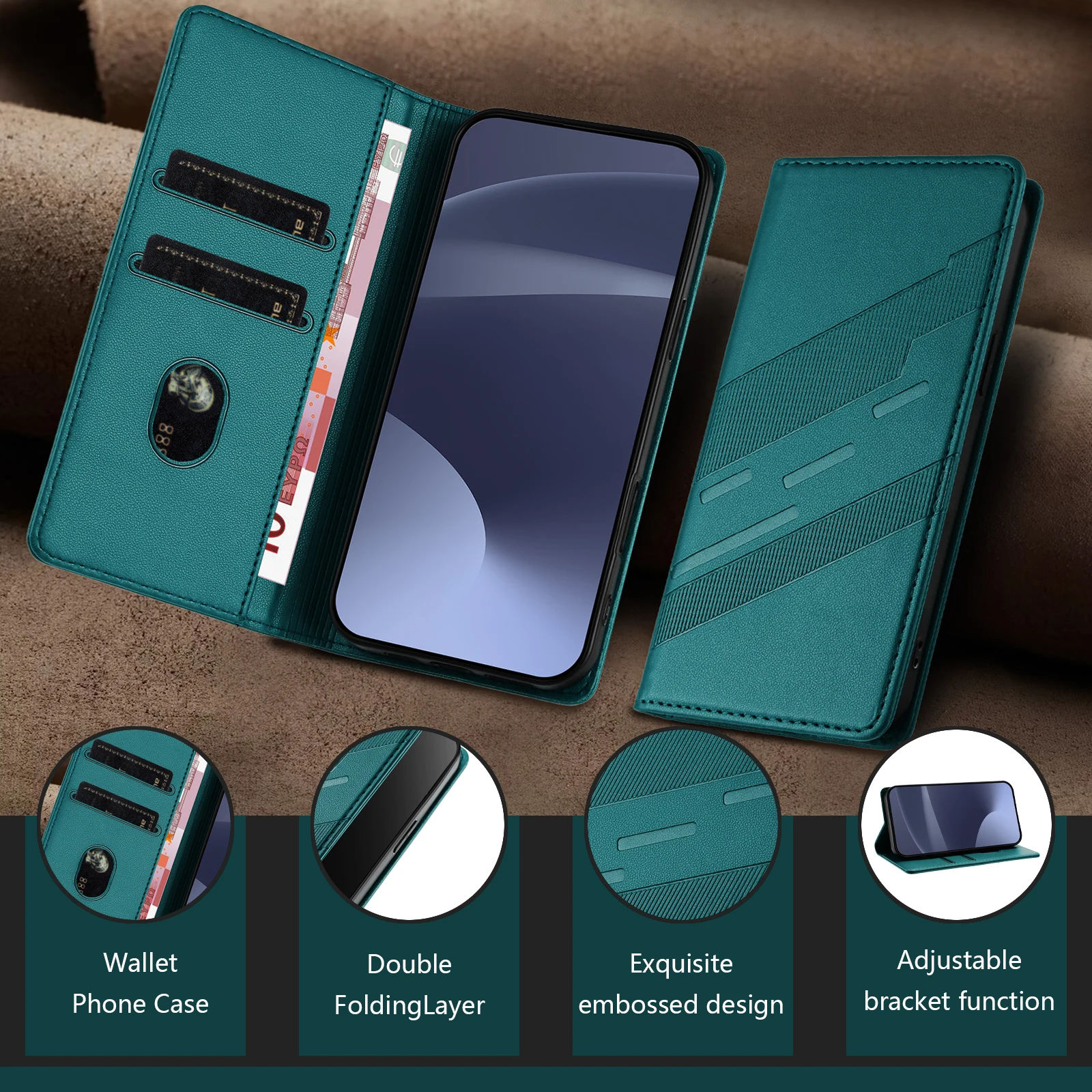 Magnetic Leather Wallet Case with Phone Flip Cover and Business Card Holder