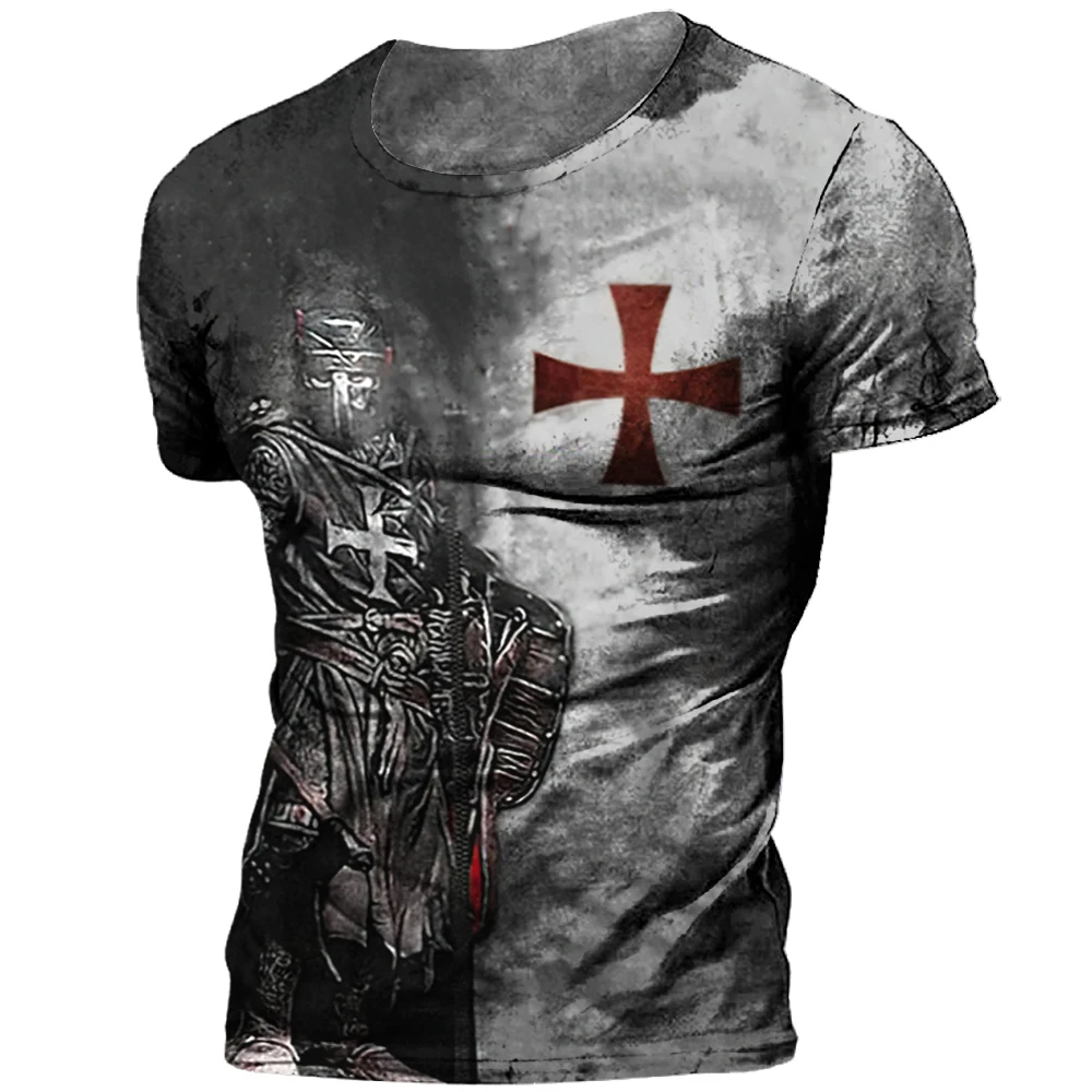 

Vintage Style T-shirt Men Templar Printed Shirt O Neck Oversized Short Sleeve Tops Mens Clothing Punk Streetwear Loose Tees 2023
