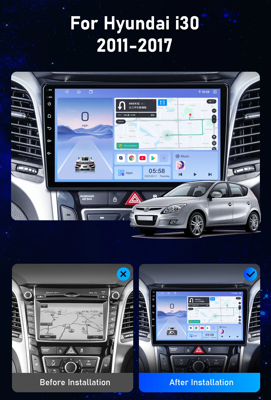 Srnubi Android14 Autoradio für Hyundai I30 II Elantra GT 2011-2017 Multimedia-Player 2Din Carplay Android Auto Split Screen Wifi – Detail 2