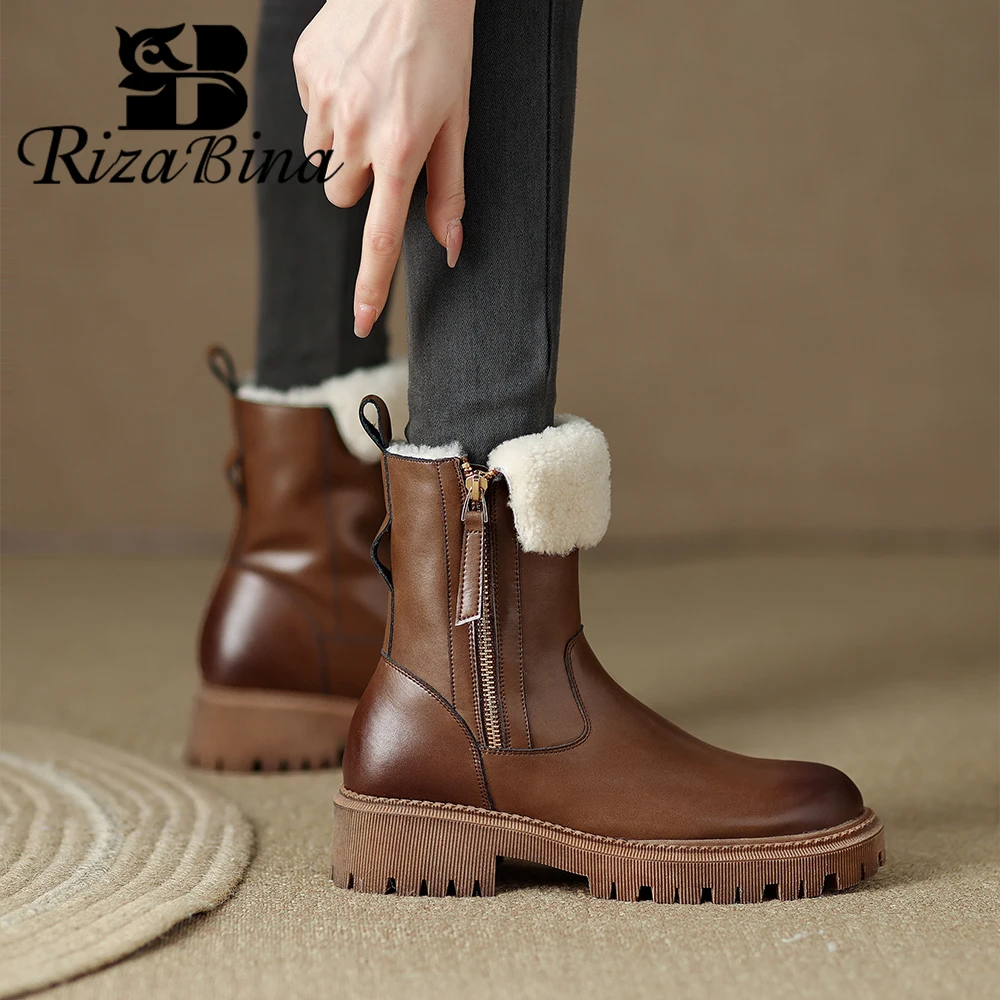 

RIZABINA Winter Women Ankle Boots Genuine Leather Warm Plush Thick Sole Daily Snow Boots Ladies Fashion Side Zipper Causal Boots
