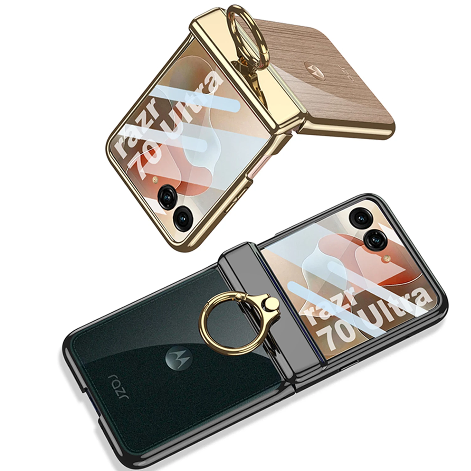 Electroplated Transparent Phone Case with Metal Ring Holder and Hinge Glass Protector