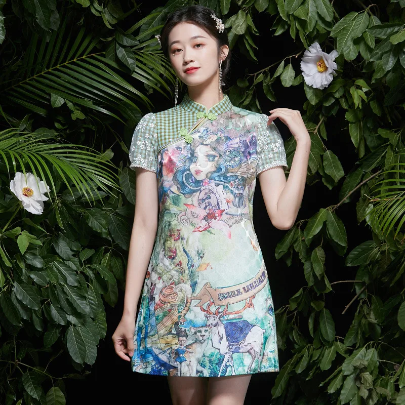 

Vintage Print Short Sleeve Lady Ballgown Chinese Dress Young Girls Qipao