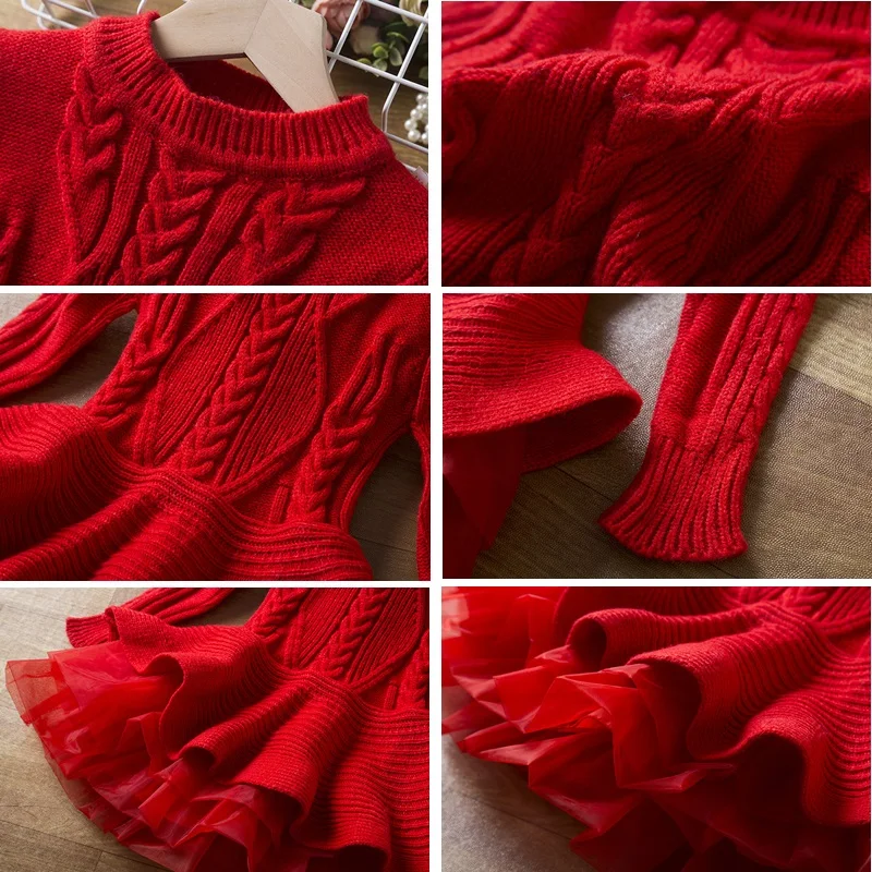Long Sleeve Girls Winter Dress for 3-8 Years 2025 New Knitted Sweater Outfits Red Christmas Party Dress for Girls Kids Costume