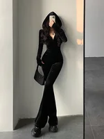 WOMENGAGA Fashion Black Velvet Slim Hooded Zipper Long Sleeve Flare Pants Jumpsuit Rompers Korean Sexy Hot Tops 2022 9P64 - Image 5