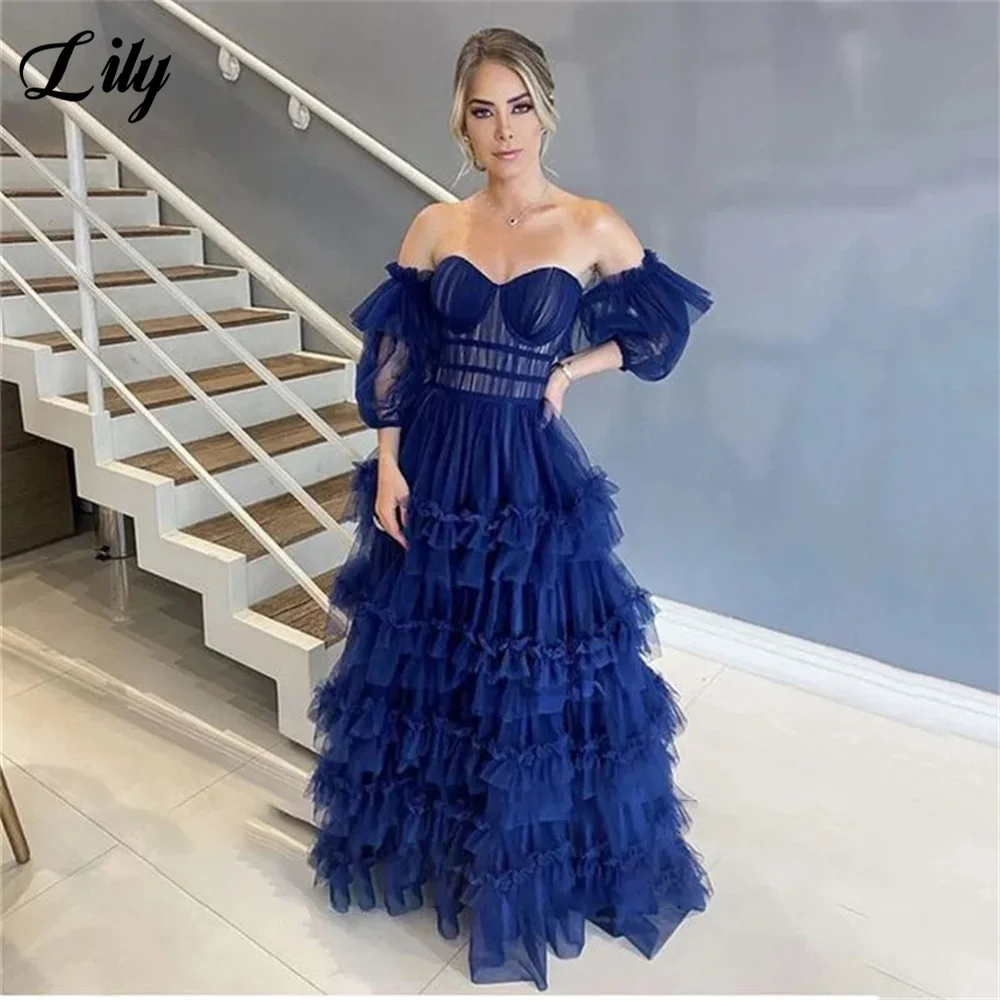 

Lily Dark Royal Blue Net Charming Prom Dresses Gown Tiered Layer Formal Gown Off the Shoulder Evening Gowns vestidos de noche