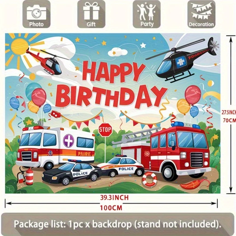1-Partydekorationsbanner „Happy Birthday“ mit Polizeiauto, Feuerwehrauto, Krankenwagen, Hubschrauber und Ballondesign – Polyester – Detail 4