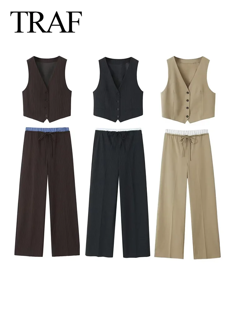 

TRAF Fashion Women Sleeveless Vest Female Elegant Vest Patchwork Drawstring Wide Leg Pants 2 Pieces Sets Casual V-Neck Tank Tops