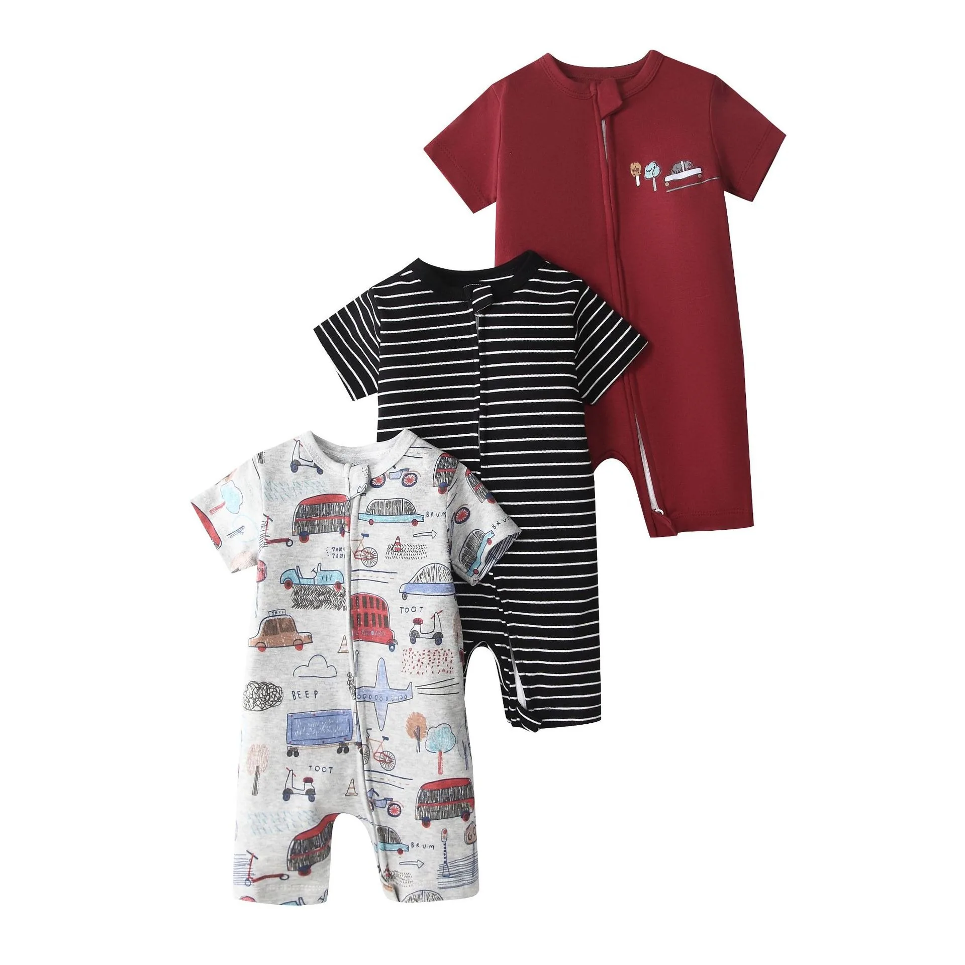 Baby-Pyjama für Jungen oder Mädchen, 2er-Pack, Baumwolle, kurzärmelig, Cartoon-Streifen, gepunktet, Reißverschluss, Strampler, Overalls, zum Schlafen und Spielen, 3–24 Monate – Detail 4