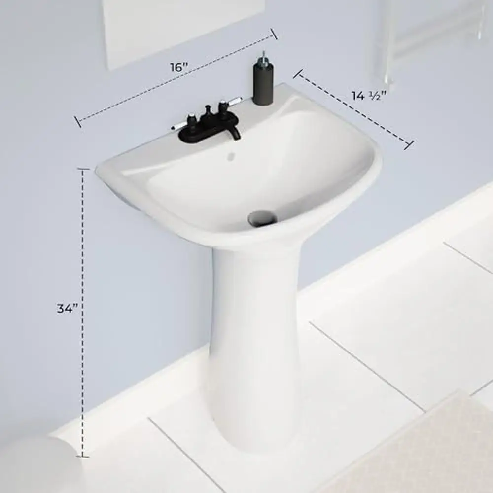 16" Compact White Pedestal Bathroom Sink with Overflow Heavy Duty Grade A Vitreous China Construction Easy Installation Vintage 3