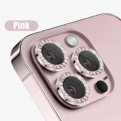 Sparkling Diamond Rhinestone Metal Ring Camera Lens Protector with Tempered Glass - Full Cover - iPhone 11 (Pink)