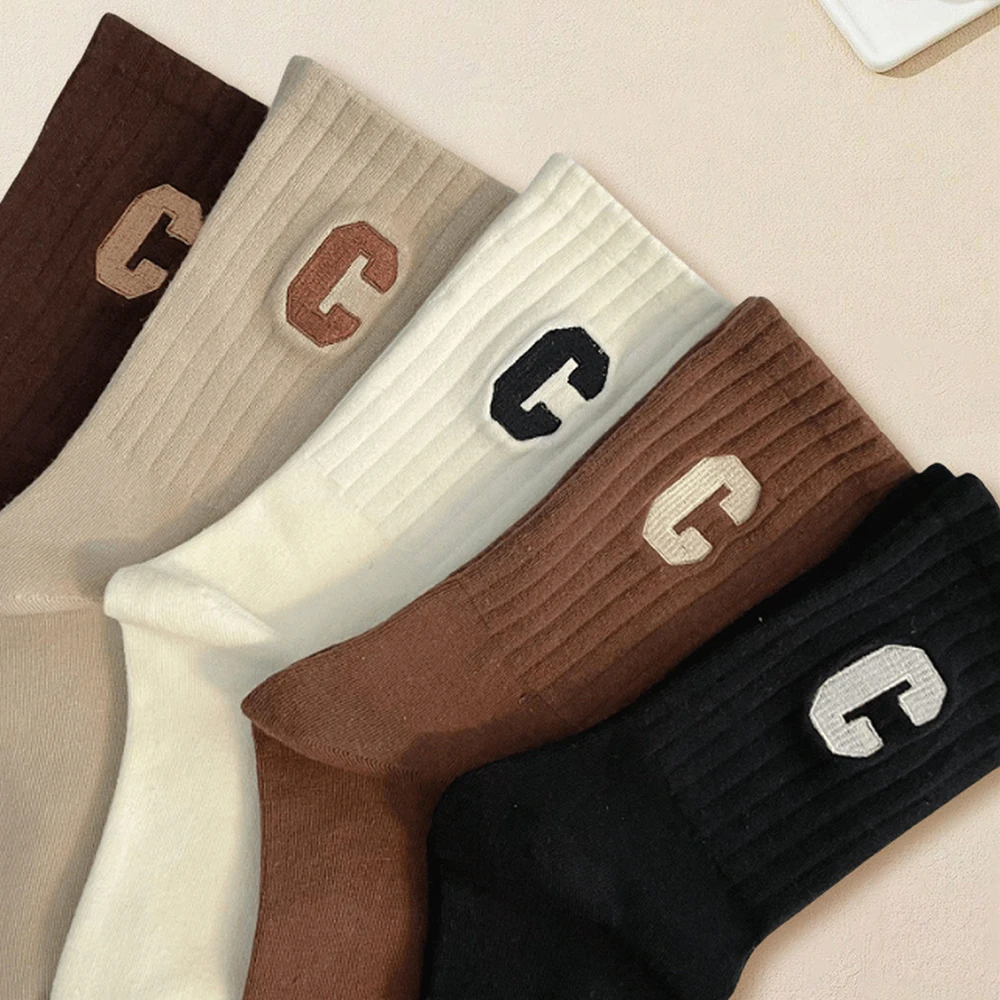 5pairs Winter Autumn Mid Calf Socks Letter Pattern Knitted Outdoor Sports Socks Men Women Breathable Warm Elastic Running Socks