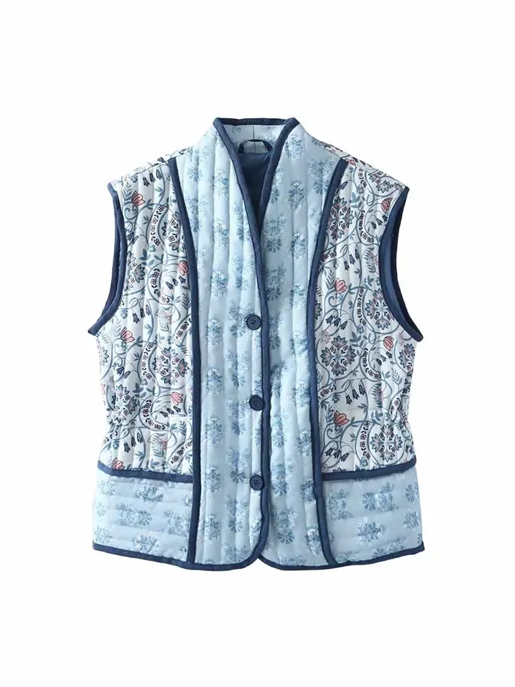 Women's 2024 New Fashion Print Decoration Loose Casual Cotton Vest Coat Retro Sleeveless Button up Women's Waistcoat Chic Tops