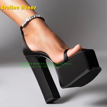 Rhinestone Back Strap Platform Black Sandals Open Toe Block Heel Cover Heel Women Runway Show Shoes Party Dress Spicy Girl Shoes
