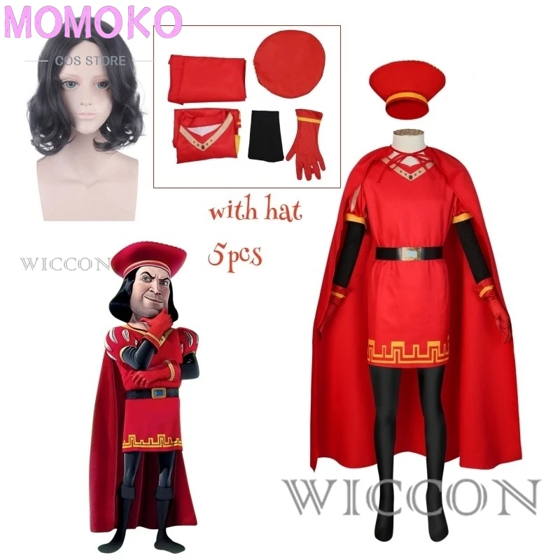 thumbnail image 1 of Disfraz de Lord Farquaad para cosplay, uniforme de anime, capa, guantes, sombrero, conjunto medieval, fiesta de Halloween, traje rojo para niños, mujeres y hombres, 1 of 5