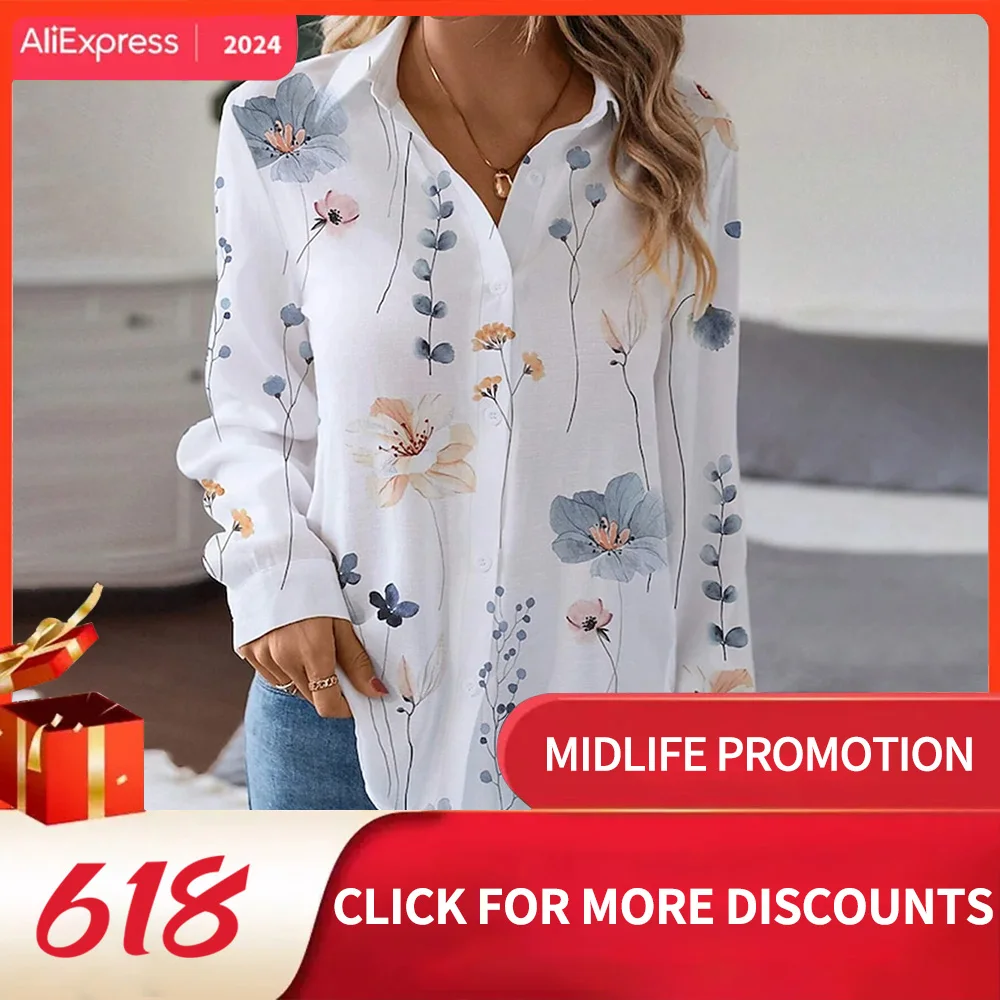 Women's Shirt Blouse Floral White Yellow Pink Print Button Long Sleeve Casual Holiday Fashion Shirt Collar Fit Spring & Fall