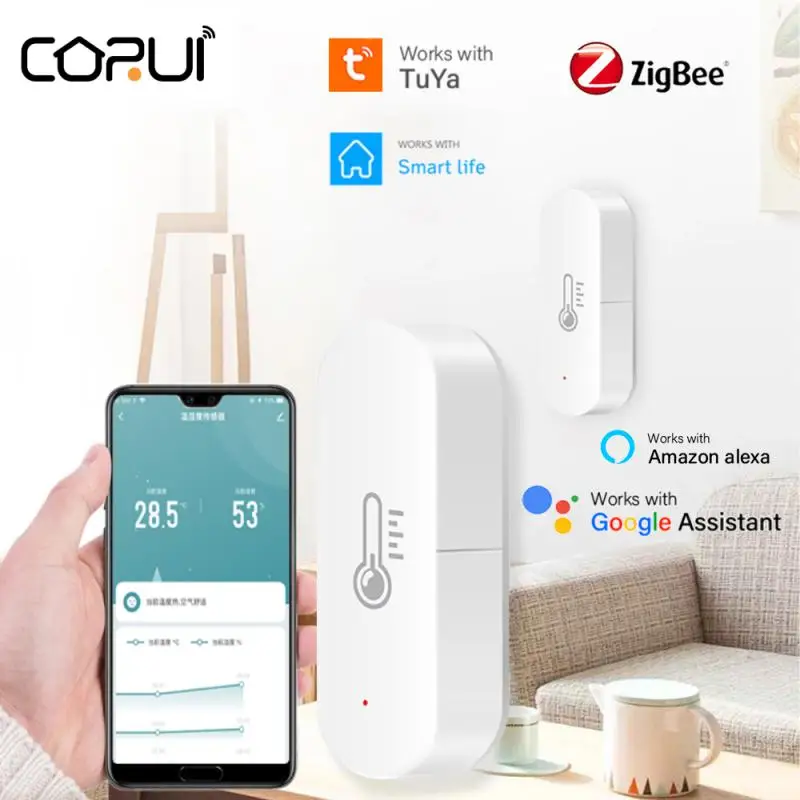 

CORUI Tuya ZigBee Smart Temperature Sensor Humidity Detector Smart Life Indoor Thermometer Home Security For Alexa Google Home