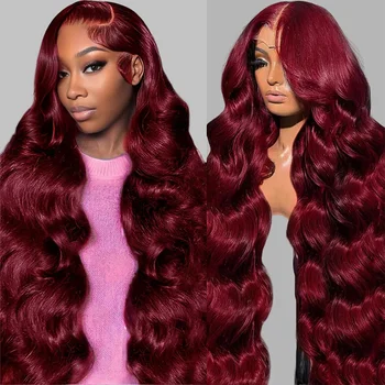 99J Burgundy 13x6 HD Lace Frontal Wig Human Hair Pre Plucked 220 Density Body Wave 13x4 HD Transparent Lace Front Wigs for Women 1