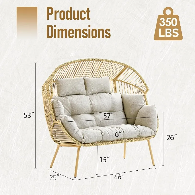 Double Egg Chair Outdoor, 550lbs Capacity Oversized Indoor Outdoor Wicker Stationary Patio 2 Person Egg Chair for Patio