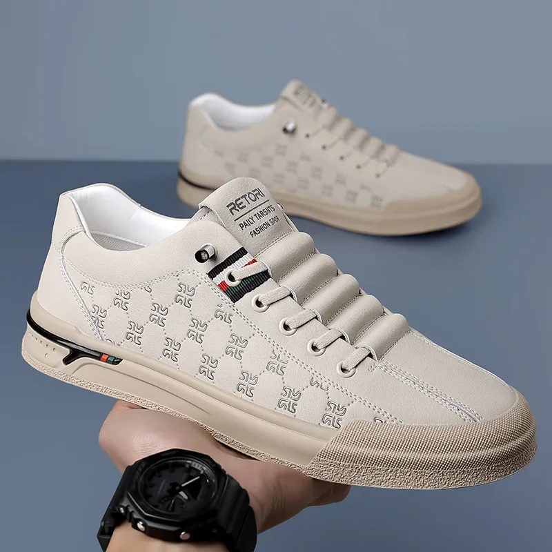Spring New Shoes for Men Genuine Leather Casual Shoes Fashion Knurling Flat Skateboard Shoes Youth Lace-up Sneakers 4