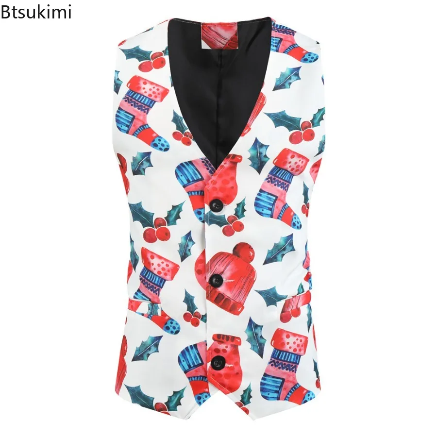 Christmas Party Men's Outwear Vests Cute Cartoon Santa Claus Snowflake Plaid Print Sleeveless V Neck Singel Breasted Slim Jacket