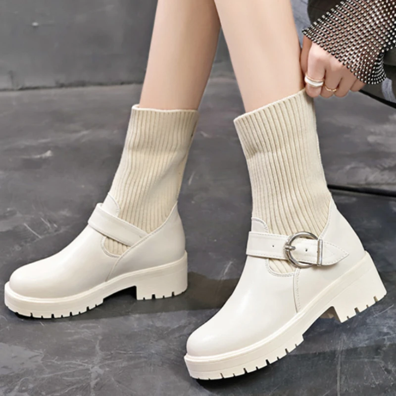 

Boots for Women Winter Fashion Knitting Velvet Ankle Boots Women Korean Lace-up Platform Botas Warm Square Button Botas De Mujer