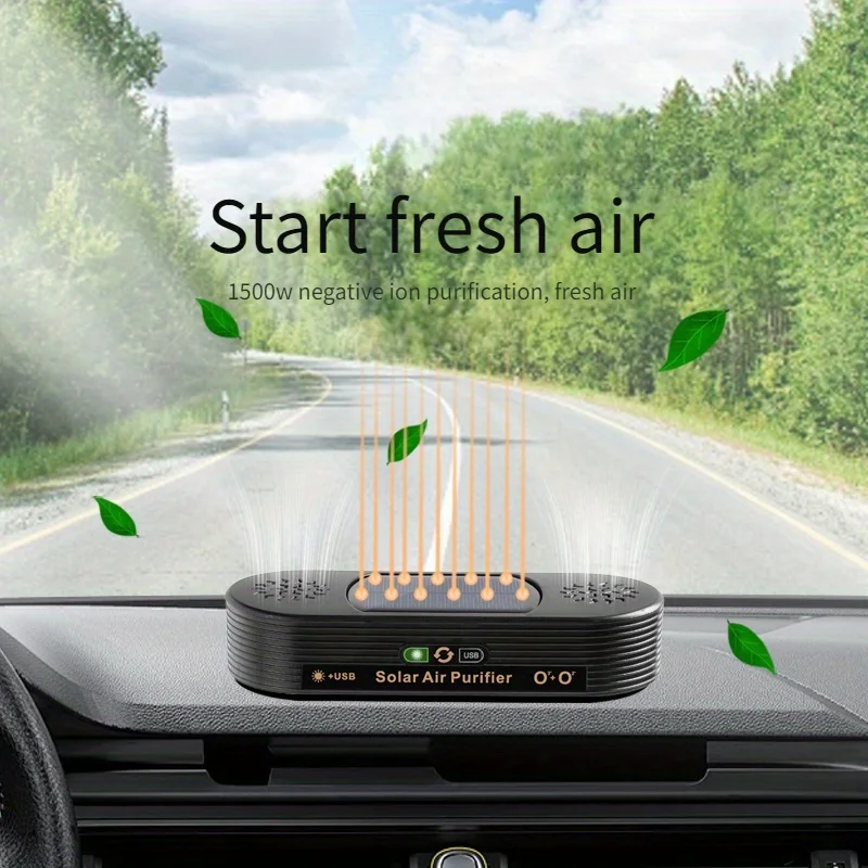 Solar powered dual core air purifier for purifying car interior air removing smoke odor and formaldehyde