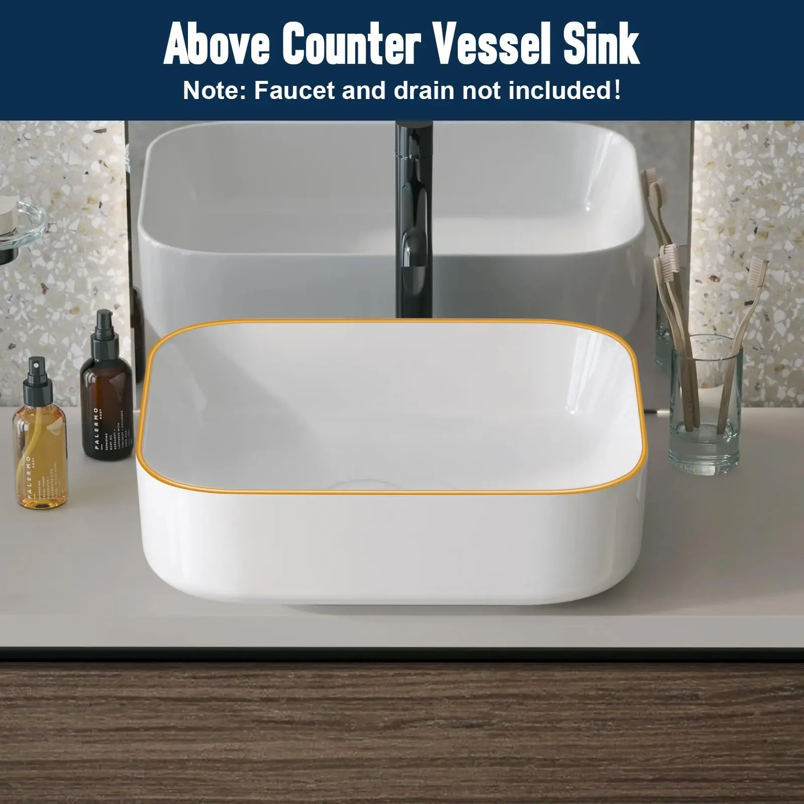 Ceramic Bathroom Sink Rectangular 20 X 16 Inch White Elegant Modern Style Gold Rim Vessel Sink Above Counter, Without Faucet 6