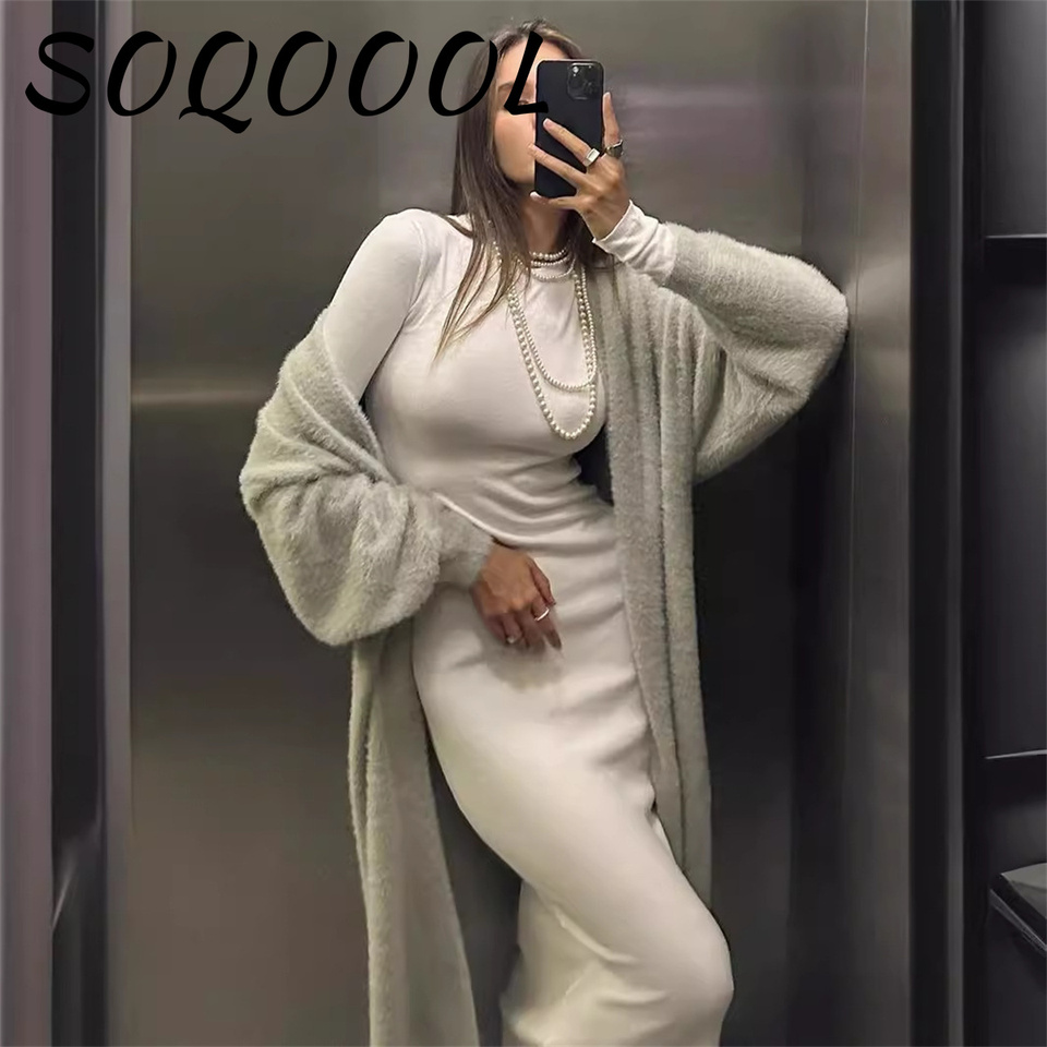 Elegant Soft Knitted Set Women Autumn Winter New Casual Long Sweater Cardigan with Belt & Vest Midi Dresses Solid Tracksuit