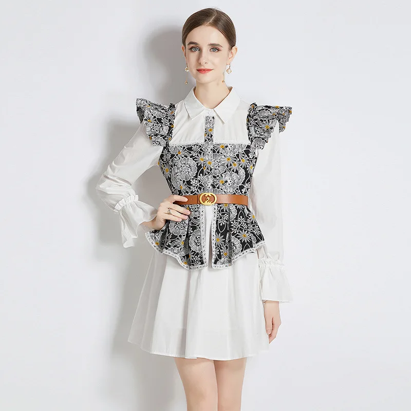 

#2412 False Two Piece Shirt Dress Polo Neck Vintage Mini Shirt Dress Loose Spliced Ruffles Irregular A Line Dress Belt Sexy