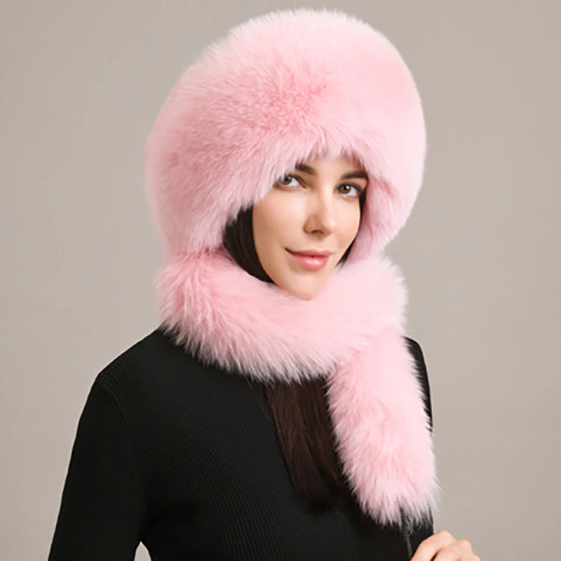 Women's Real Fox Fur Hat Scarf Mongolian Bomber Hat Ladies Winter