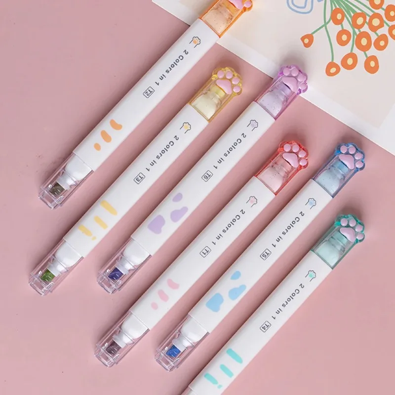 Highlighter Marker Art Marker Marker Pen 6pcs Kawaii Cat Claw Highlighters Double Head 12 Color Fluorescent Art Markers Korean Stationery Cute School Office Supplies