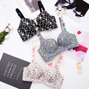 Sexy Lingerie Flower Print Gathered Bras Women Floral Push Up Seamless Bra Underwear 1